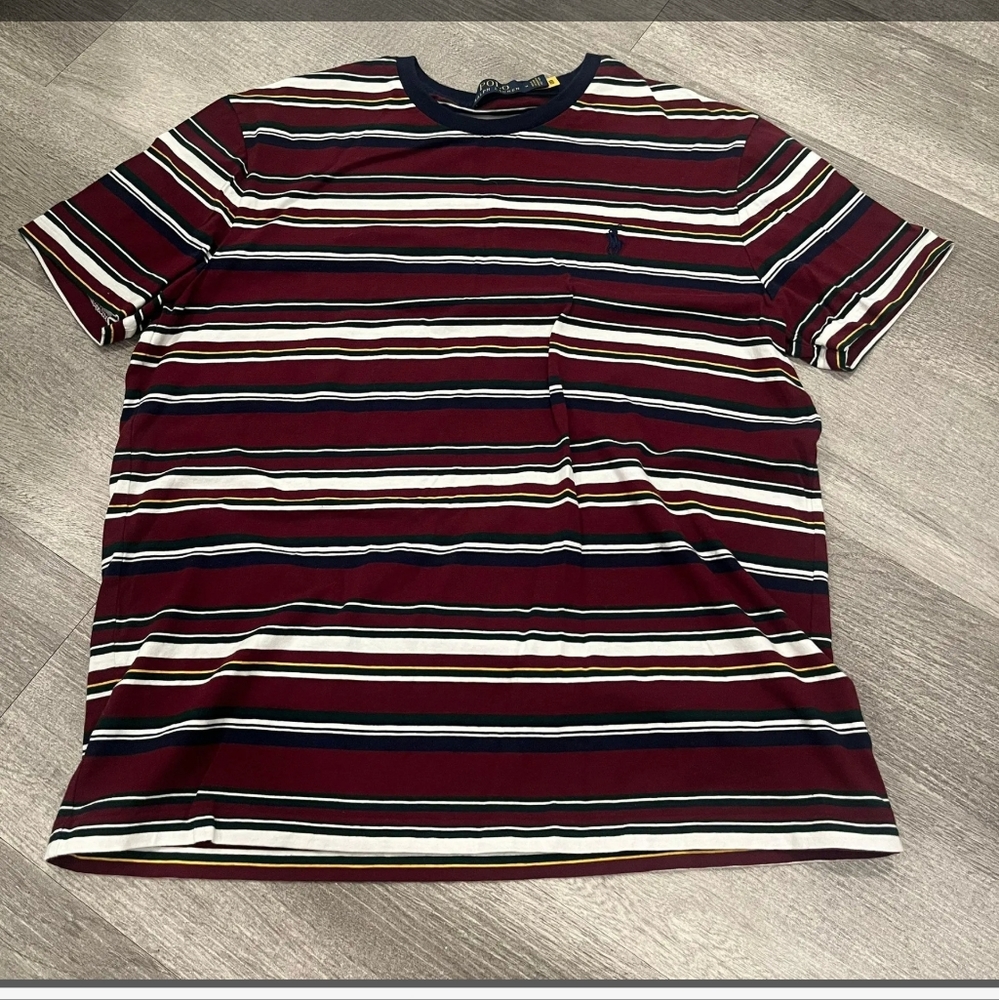 Striped Ralph Lauren Polo T shirt (Burgundy, Blue and White).
